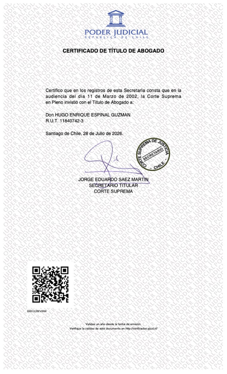 Certificado de título de abogado de Hugo Enrique Espinal Guzmán, emitido por la Corte Suprema